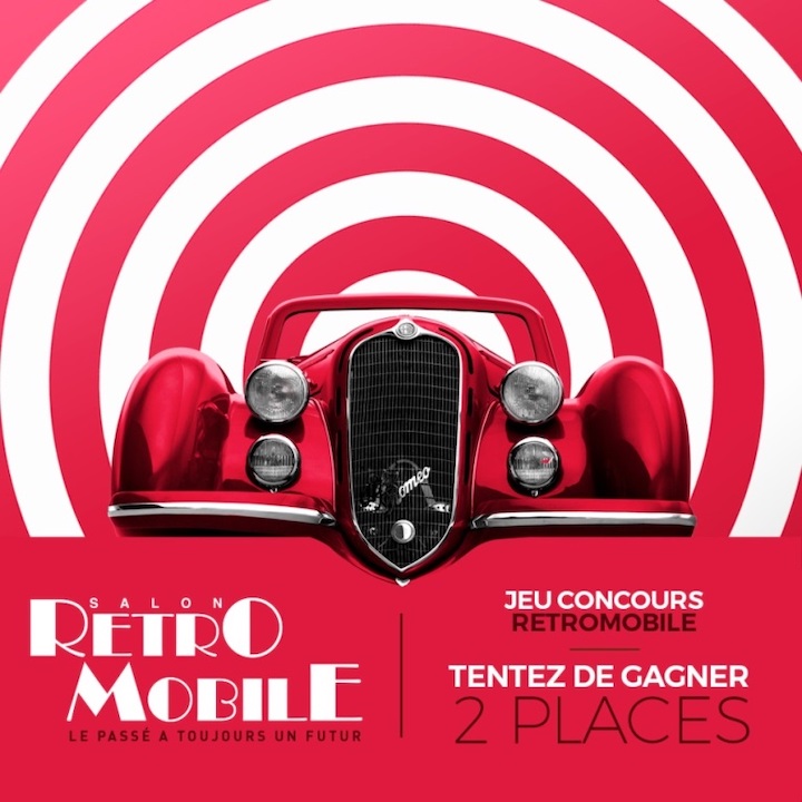 Affiche du salon Retromobile 2020 avec une calandre de Alfa Romeo 8C rouge de 1929