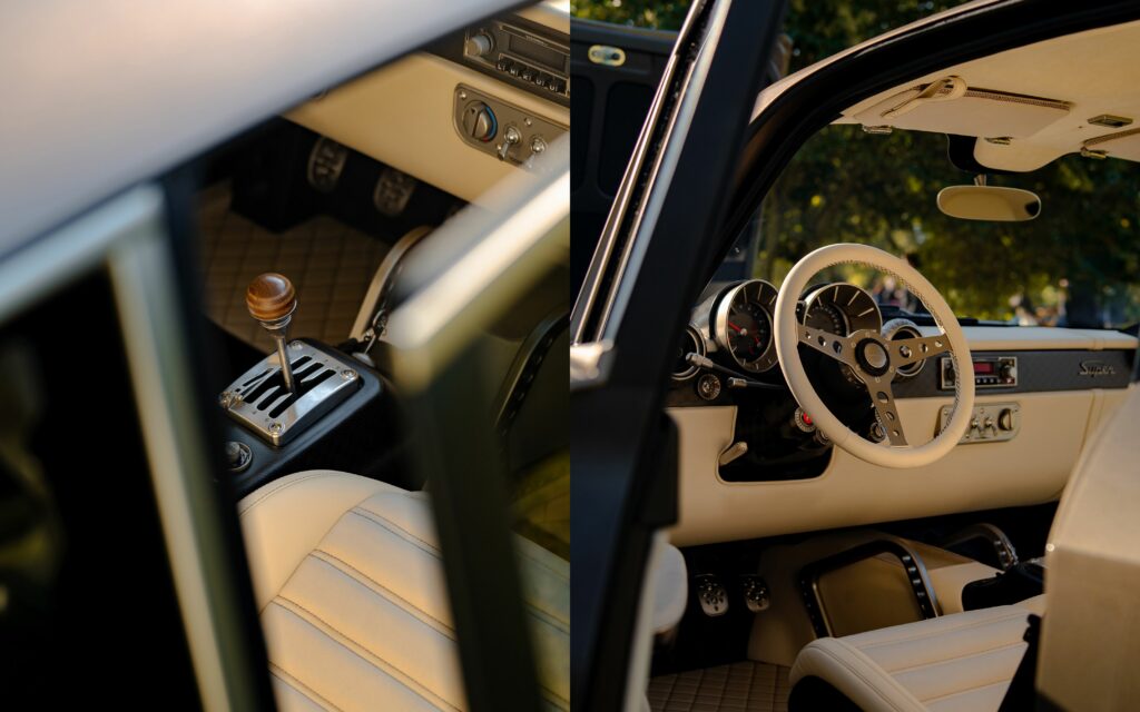 L'intérieur de la Totem GT Super Farina - Voiture de sport restomod - On y voit le volanrt et le levier de vitesse