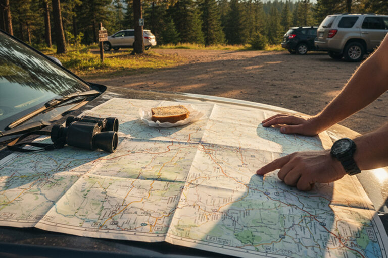 Une carte dépliée sur un capot de voiture