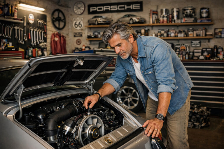 Un homme entrain de bricoler sur le moteur de sa Porsche