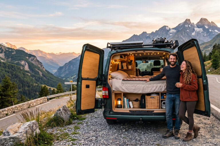 Couple devant un van aménagé loué en France sur une route de montagne