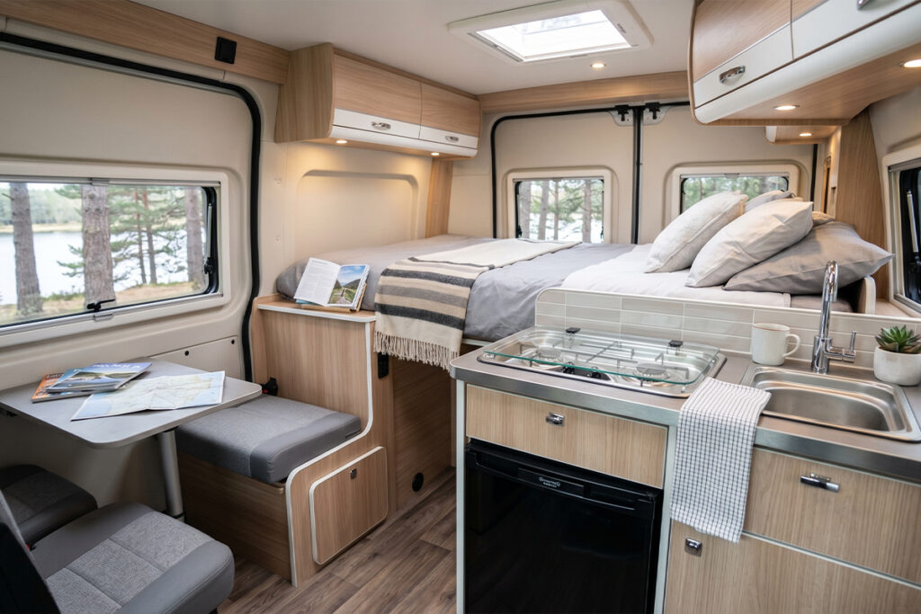 Intérieur d'un van de location avec lit fixe et cuisine compacte
