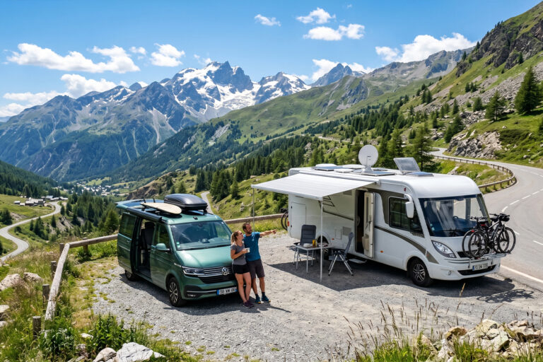 Van aménagé et camping-car côte à côte sur une route de montagne en France