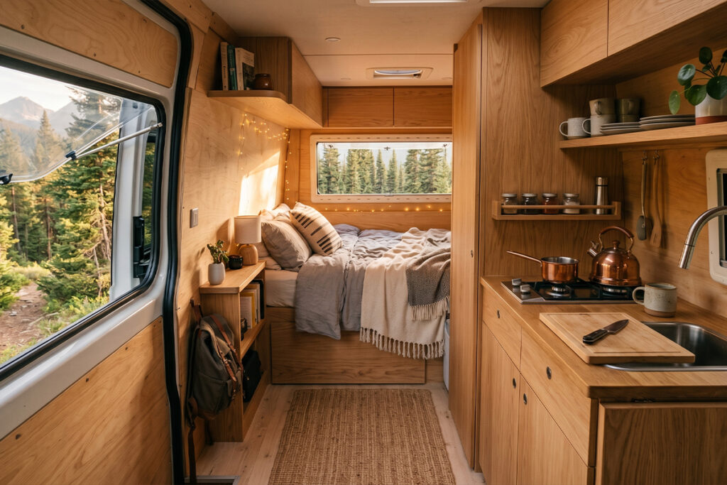 Intérieur aménagé d'un van avec cuisine compacte et couchage en bois