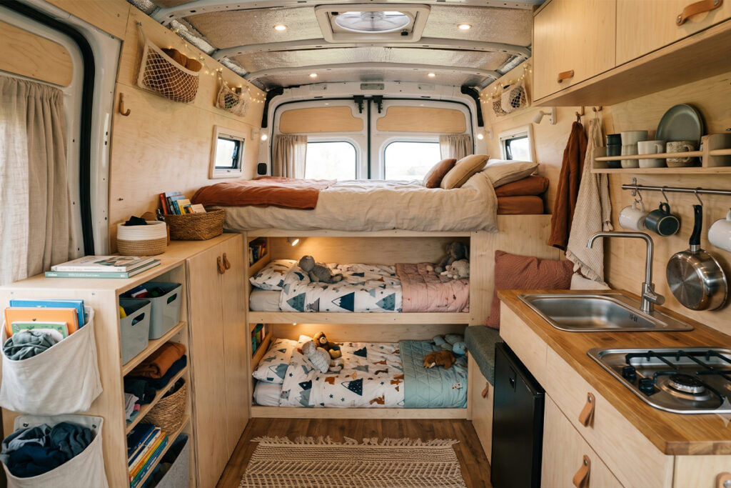 Intérieur aménagé d'un van familial avec couchettes enfants