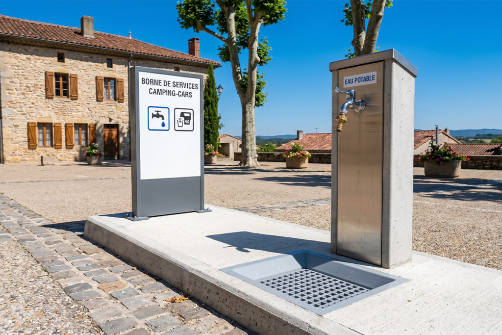 Borne de services camping-car avec eau potable et vidange dans un village français