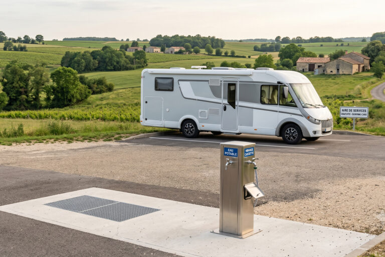 Camping-car garé sur une aire de services gratuite en France à la campagne