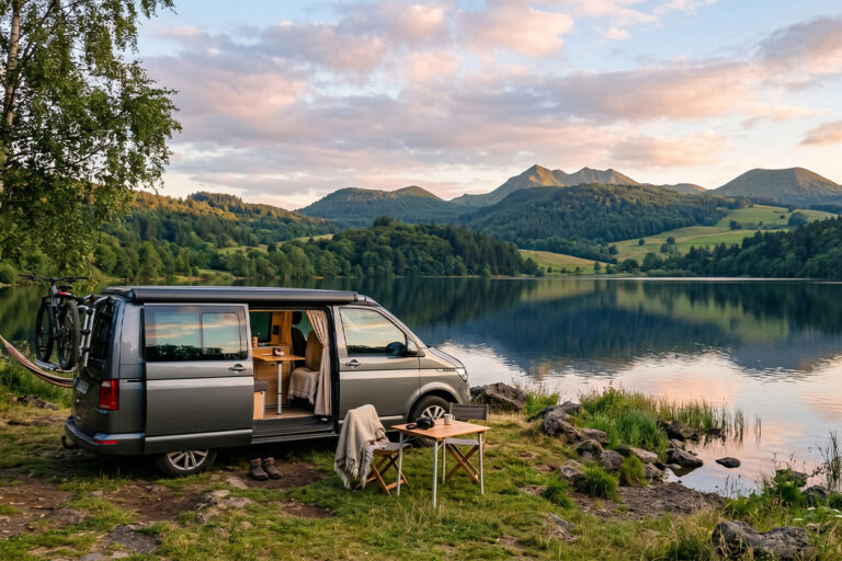 Van aménagé garé au bord d'un lac volcanique en Auvergne