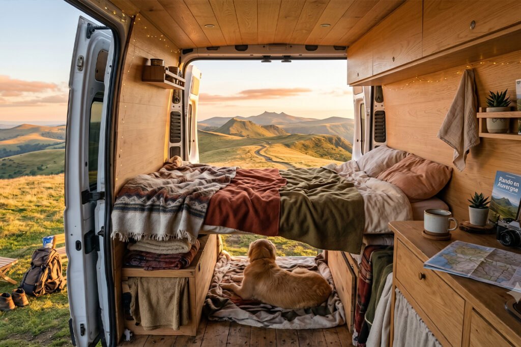 Intérieur van aménagé avec vue sur les volcans d'Auvergne