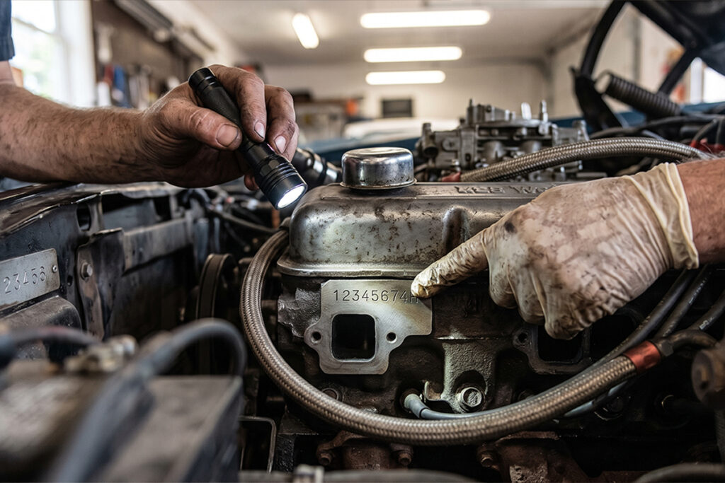 Numéro de série moteur vérifié par un mécanicien sur une voiture de collection