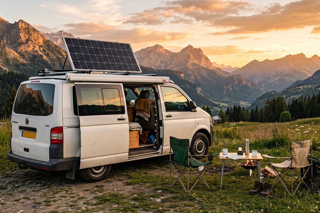 Van équipé d'un panneau solaire garé en pleine nature