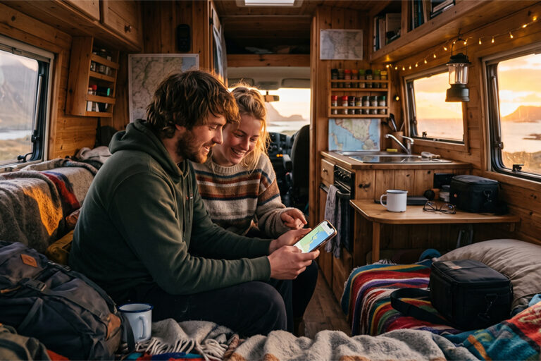 Couple consultant une application van life au coucher du soleil dans leur van aménagé