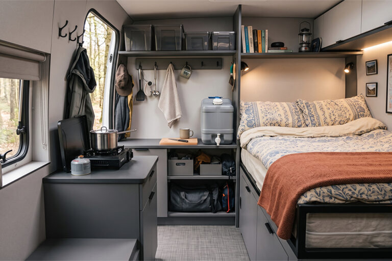 Intérieur d'un van aménagé avec accessoires de voyage organisés