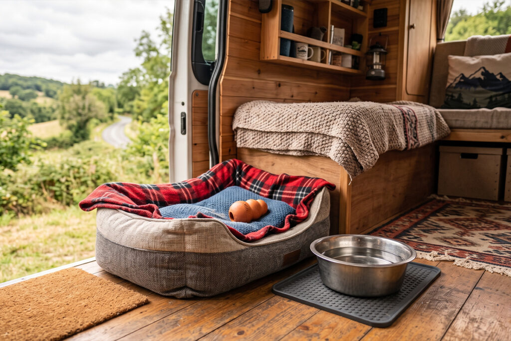 Espace aménagé pour chien à l'intérieur d'un van