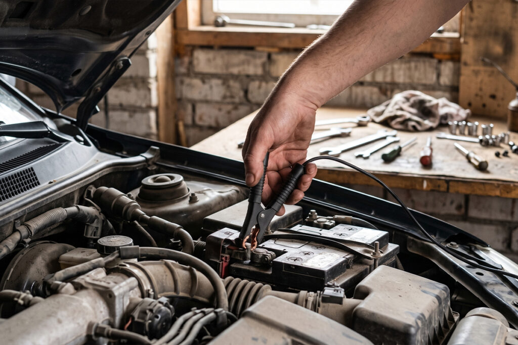 Branchement d'un chargeur de maintien sur la batterie d'une voiture de sport