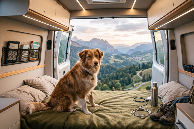 Chien installé dans un van aménagé au coucher du soleil