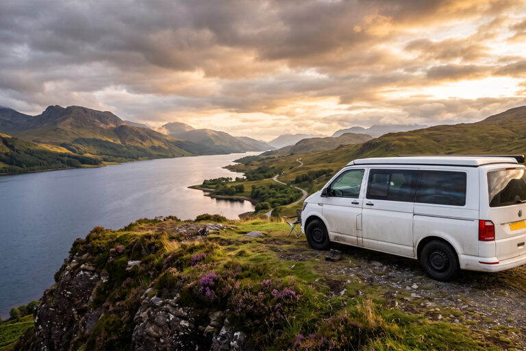 Van aménagé garé face à un loch dans les Highlands écossais au coucher du soleil
