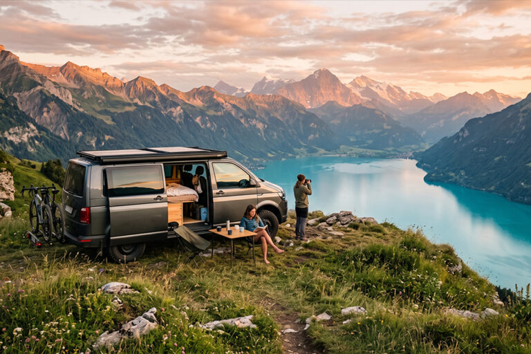 Van aménagé garé face au lac de Serre-Ponçon au coucher du soleil