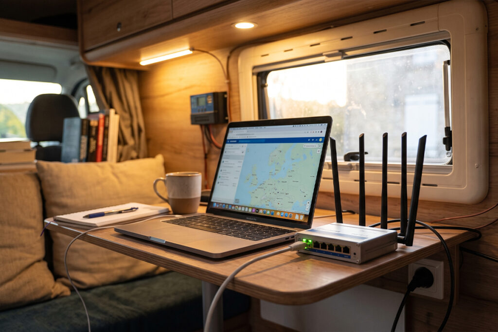 Routeur 4G et ordinateur portable installés dans un van pour le télétravail