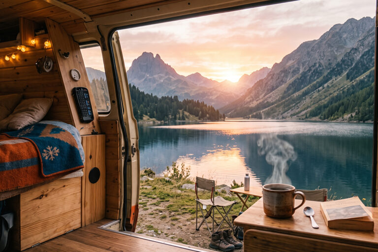 Van aménagé garé face à un lac au lever du soleil