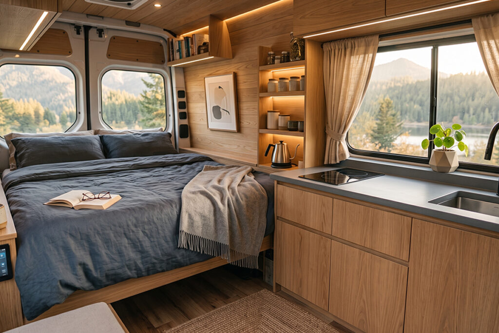Intérieur cosy d'un van aménagé avec cuisine et couchage