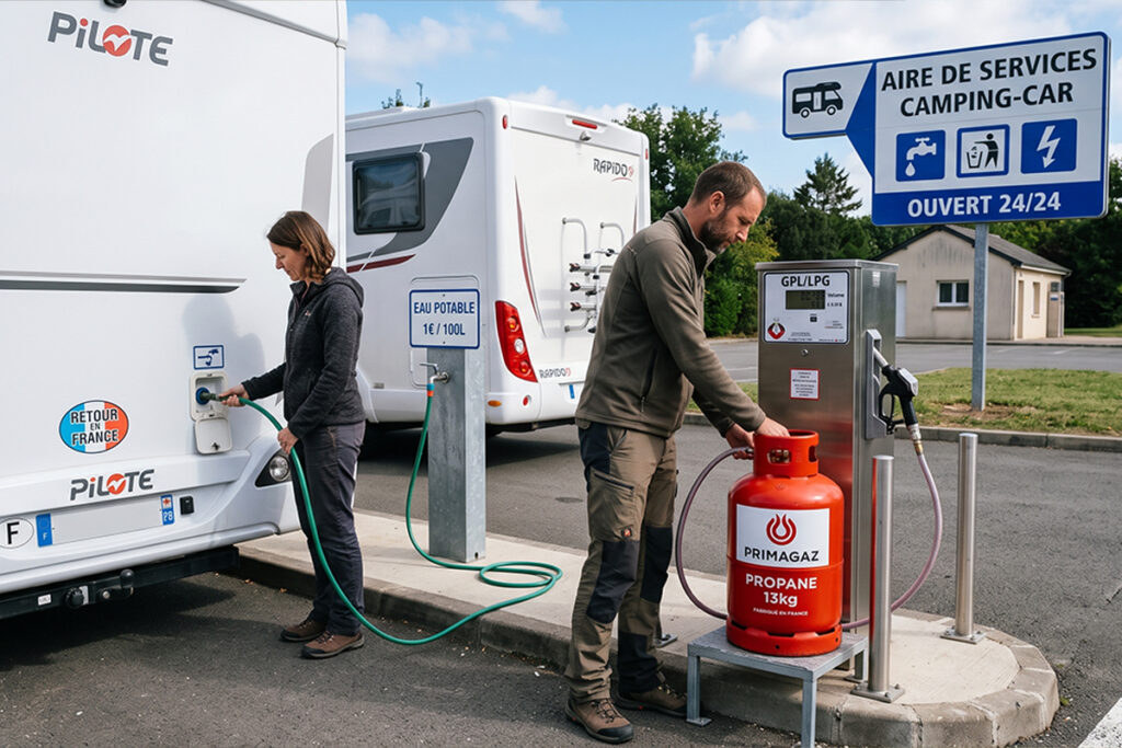 Remplissage d'eau et de gaz sur une aire de service camping-car