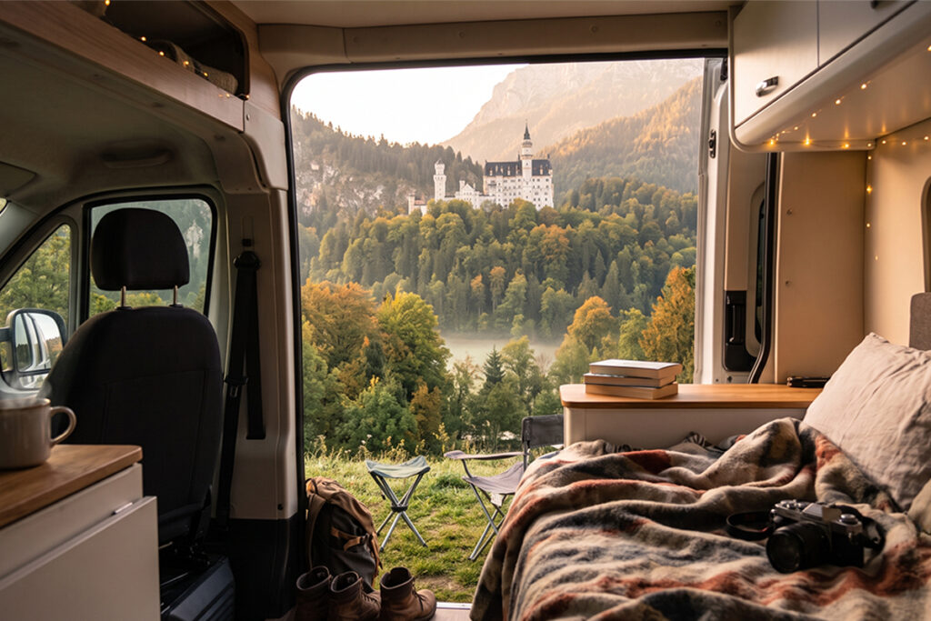 Vue depuis l'intérieur d'un van avec le château de Neuschwanstein en arrière-plan