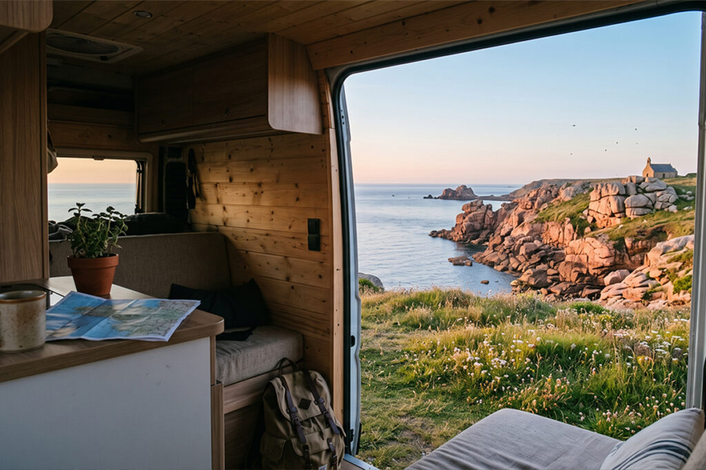 Vue depuis l'intérieur d'un van en bivouac sur la presqu'île de Crozon