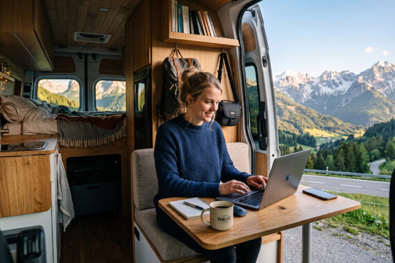 Personne en télétravail à l'intérieur d'un van aménagé face à la montagne