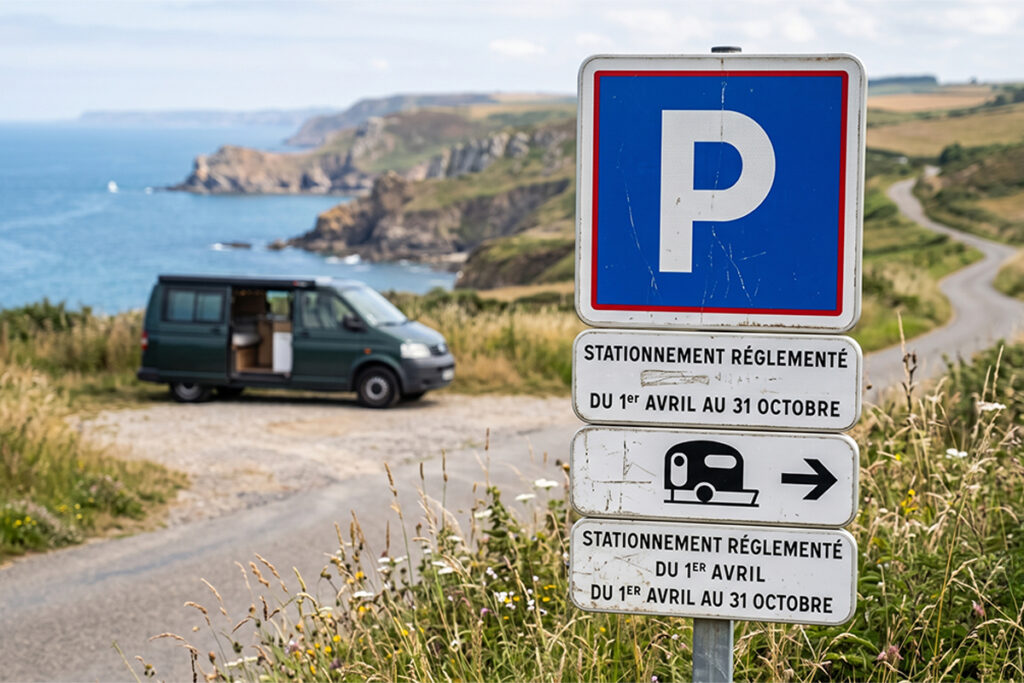Panneau de signalisation réglementant le stationnement près d'un van aménagé