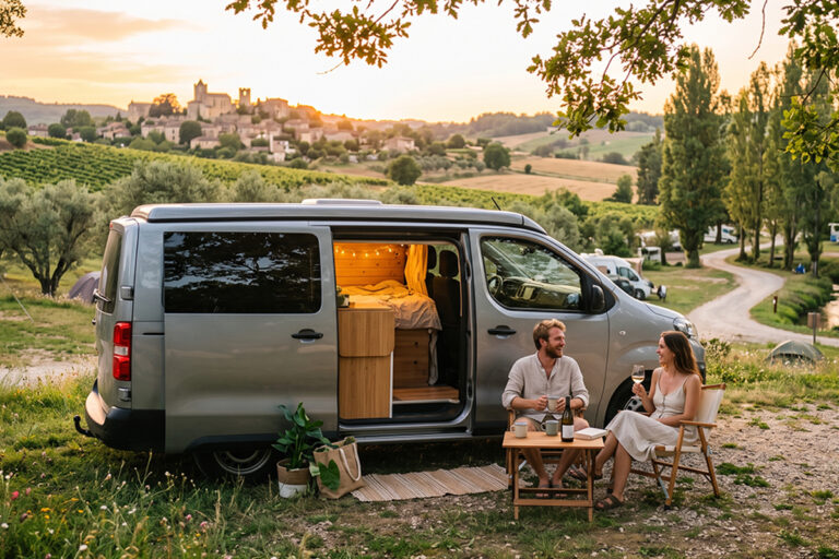 Van aménagé garé en pleine nature au coucher du soleil