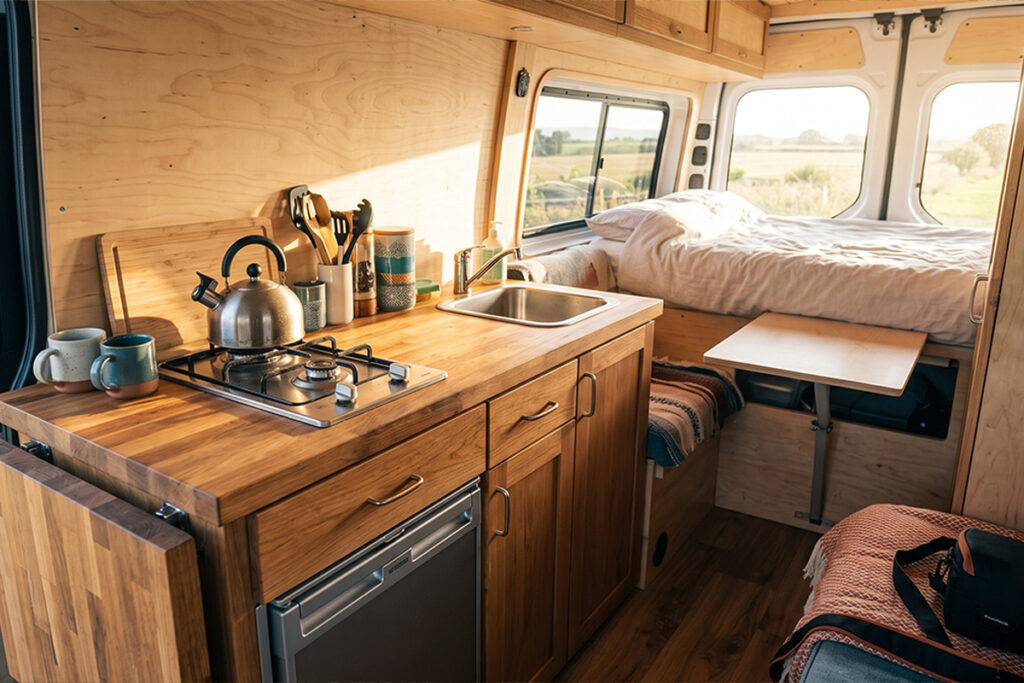 Intérieur aménagé d'un van avec kitchenette