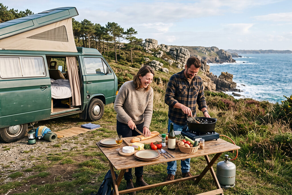 Couple cuisinant en extérieur à côté de leur van en Bretagne