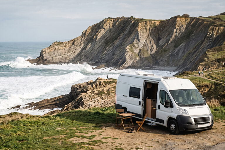 Van aménagé garé face à la côte basque en France