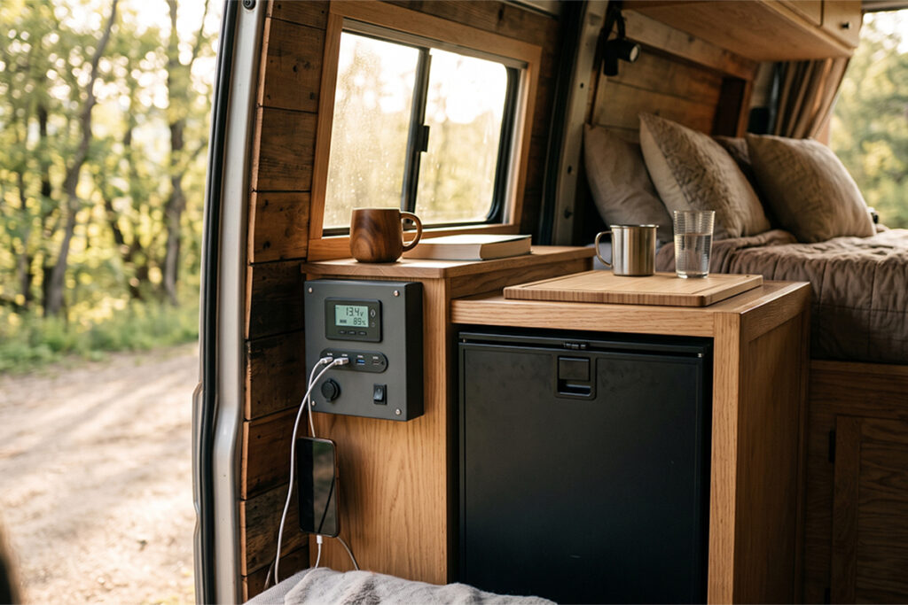 Tableau de contrôle électrique et frigo à compresseur dans un van aménagé
