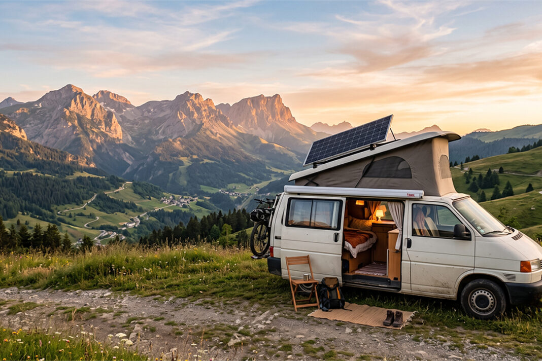 Panneau solaire installé sur le toit d'un van aménagé en pleine nature