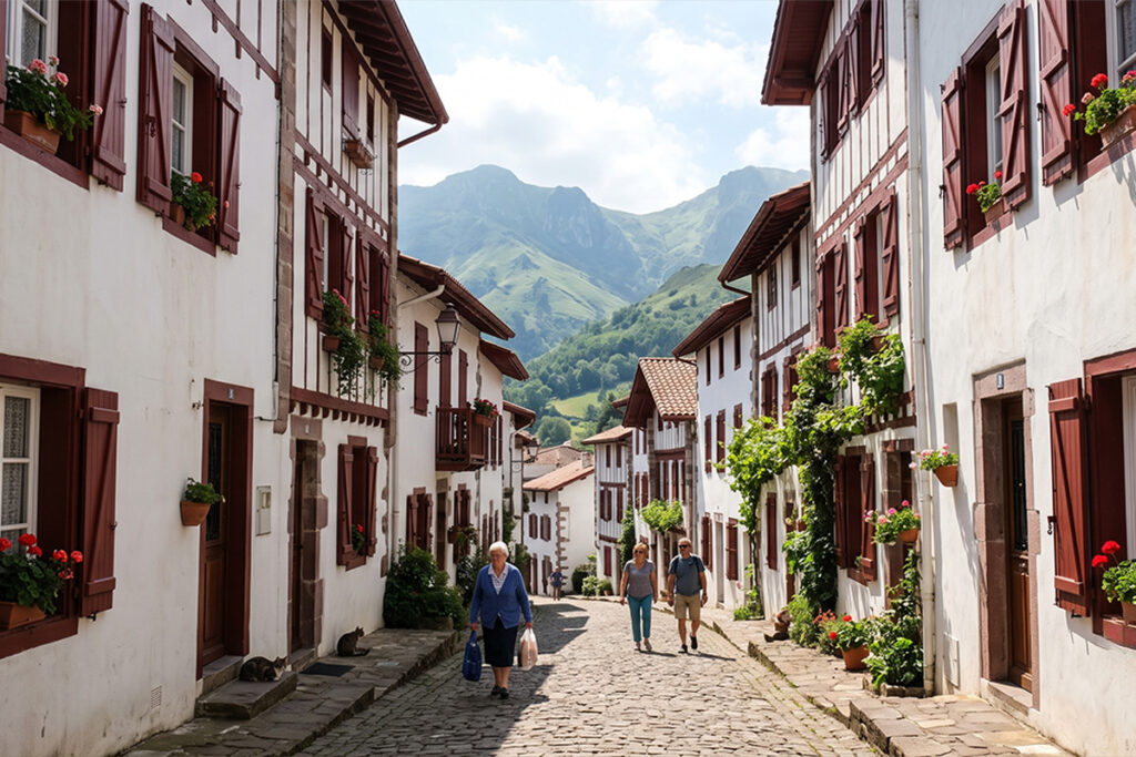 Village traditionnel du Pays Basque avec maisons blanches et volets rouges
