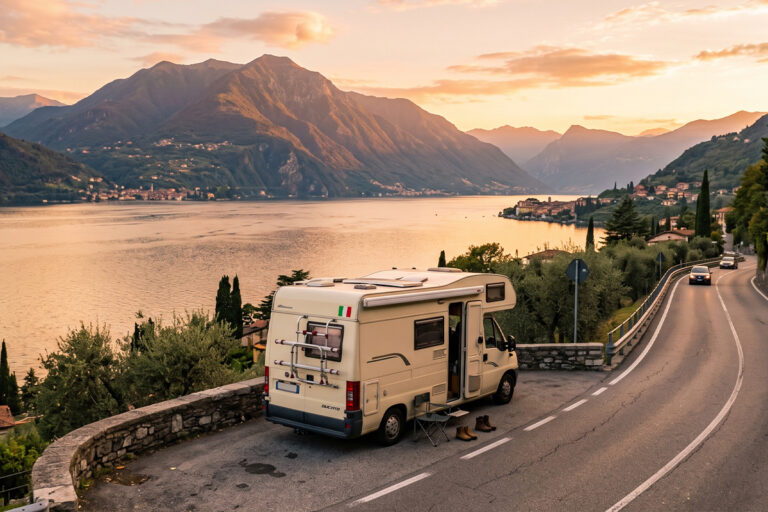 Van garé au bord du lac de Côme en Italie