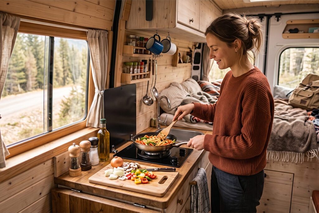 Intérieur aménagé d'un van avec kitchenette et préparation d'un repas